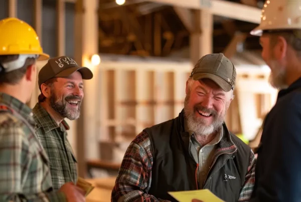 a group of workers smiling and collaborating in a modern barn setting in kalispell.