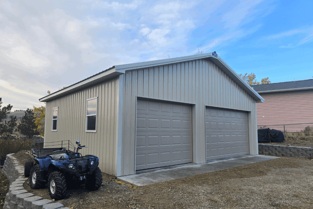 28 x 30 2 Car Pole Barn Garage In Montana City Tan with white trim 28 x 30 2 Car Pole Barn Garage In Montana City