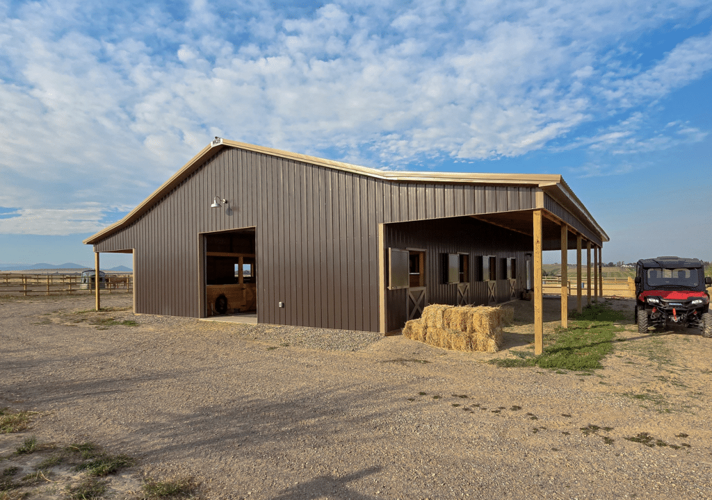 40x60x12 Horse Barn built by MQS, featuring dark brown metal siding and roofing, available for custom order in MT, ID, WA, & WY 40x60x12 Horse Barn built by MQS, featuring dark brown metal siding and roofing, available for custom order in MT, ID, WA, & WY