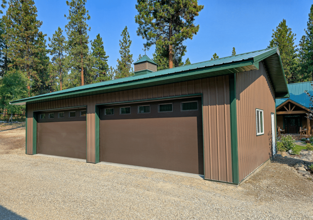 A 24x40x10 Home Garage, Built by MQS, featuring Brown Metal Siding, Green Metal Trim and Green Metal Roofing, available for custom order in MT, ID, WA, & WY A 24x40x10 Home Garage, Built by MQS, featuring Brown Metal Siding, Green Metal Trim and Green Metal Roofing, available for custom order in MT, ID, WA, & WY