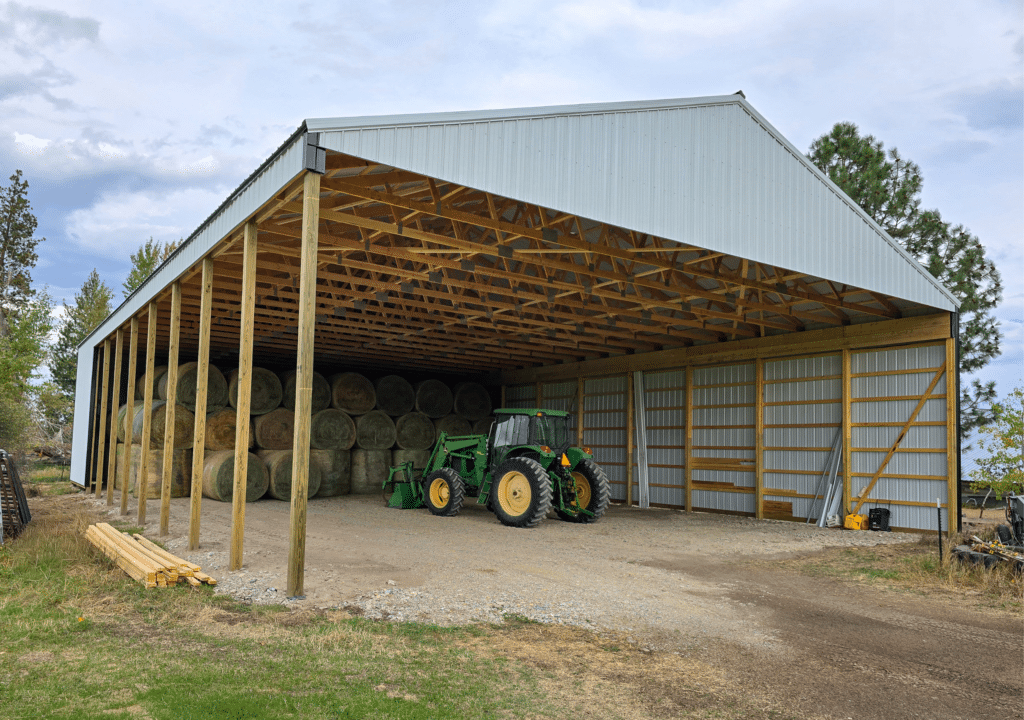 50x80x16 Hay Storage, built by MQS, featuring White Metal Siding and Roofing, with Black Metal Trim, in Florence, MT 50x80x16 Hay Storage, built by MQS, featuring White Metal Siding and Roofing, with Black Metal Trim, in Florence, MT
