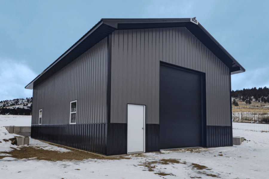 30x48x16 Vehicle RV Storage pole barn with Gray metal siding Black metal Trim black metal roofing available for custom build by MQS in Montana