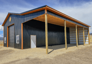 30x48x16 Vehicle_RV Multi-purpose storage residential pole barn, featuring Dark Grey metal Siding, Copper Penny Metal Trim, and black metal roofing, Built by MQS, in Florence, MT