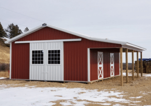 36x36x10 2 stall horse barn pole building with red metal siding and white metal roofing and trim, available for custom build by MQS in MT, ID, WA, WY