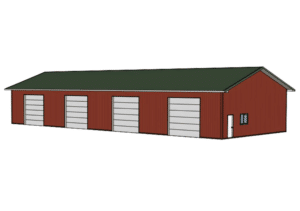 3D Render of a 40x100x14 Hay and Ag Equipment Storage, featuring rural red metal siding, and medium green metal roofing, built by MQS, in Kalispell, MT