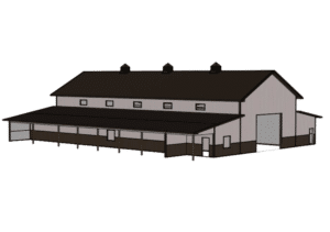3D Render of a 40x100x20 Multi-Stall Pole Barn, Built By MQS, featuring Distressed Gray Barnwood Metal Siding, and Krinkle Burnished slate Trim and Roofing, in Elliston, MT