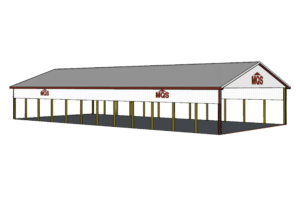 3D Render of a 44x90x12 commercial Ag open-sided horse shelter pole building built by MQS in Hamilton, MT