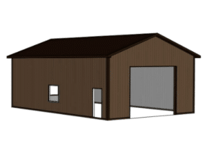 A 3D Render of a 30x40x14 Hobby Workshop Garage Residential Pole Barn, Featuring Brown Metal siding, and Dark Brown Metal Roofing, Built By MQS, in Columbia Falls, MT