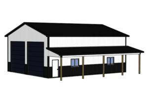 A 3D Render of a 32x44x16 Hobby_Workshop Garage Residential Pole Barn, Featuring white metal siding, and black metal trim and roofing, , Built by MQS in Columbia Falls, MT
