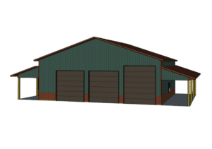 A 3D Render of a 50x40x16 Fully Lined and Insulated Hobby Shop Garage, Featuring Evergreen Metal Siting, and Aged Copper Metal roofing, Built By MQS, in Huson, MT