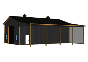 A 3D render of a 30x48x16 Vehicle_RV Multi-purpose storage residential pole barn, Built By MQS, featuring Dark Grey metal Siding, Copper Penny Metal Trim, and black metal roofing, in Florence, MT