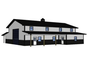 A 3D render of a 36x60x16 Hobby Workshop Home Garage, Built By MQS, Featuring White Metal Siding, Black Metal Wainscoting, and Black Metal Roofing, in Billings, MT