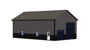 A 3D render of a 30x48x16 Hobby_Workshop_ Home Garage, Featuring Charcoal Metal Siding, and Black Metal Trim, built by MQS, in Helena, MT