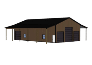 A 3D render of a 40x60x16 3-Door Hobby Workshop Garage, Built By MQS, featuring Desert Brown Metal siding, and Black metal roofing, in Huson, MT