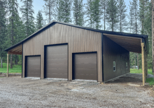 A 40x60x16 3-Door Hobby Shop Workshop Garage, with Desert Brown Metal siding, and matching black metal roofing and trim, built by MQS in Huson, MT