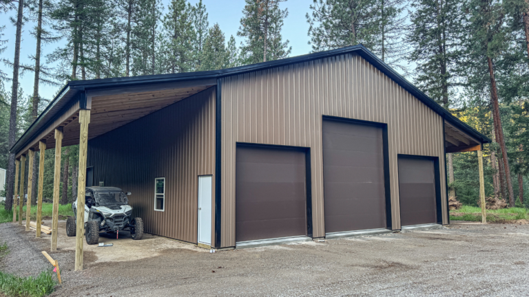A 40x60x16 3-Door Hobby Workshop Home Garage, Built By MQS, featuring Desert Brown Metal siding, and Black metal roofing, available for custom build by MQS in Helena, MT
