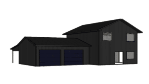 3D Render of a 24x32x10 Pole Barn Garage attached to 28x32x18 Barndominium Shell, featuring Dark Grey Metal Siding and Roofing, Built by MQS in Bayview, ID
