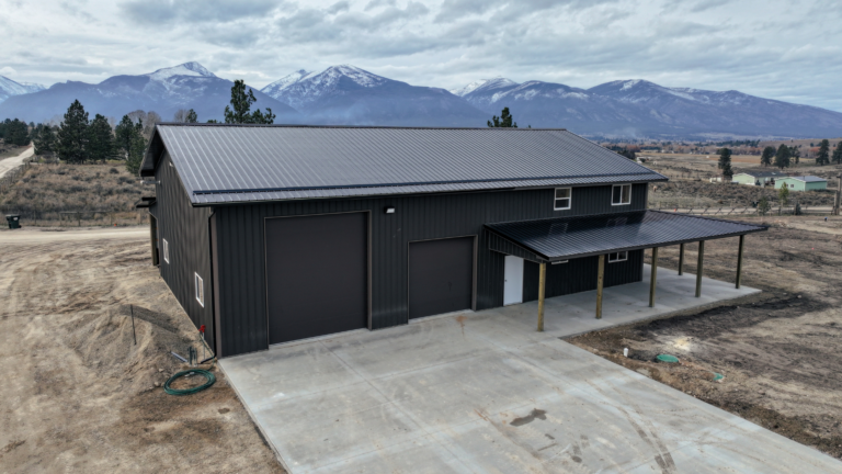 40x64x16 Bardominium_Home Garage, Built By MQS, Featuring Gray Metal Siding, Brown Trim, And Black Metal Roofing, in Stevensville, MT