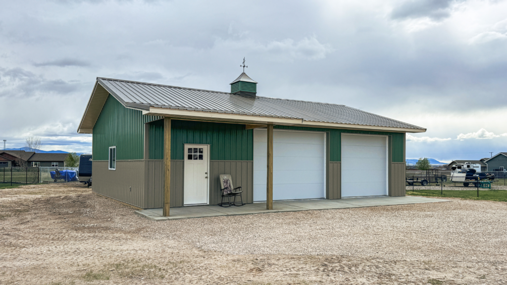 A 30x40x10 Hobby_workshop_home garage, with interior insulation being added later, with Medium green metal siding, Taupe metal trim, and weathered copper metal roofing, available for custom build in MT