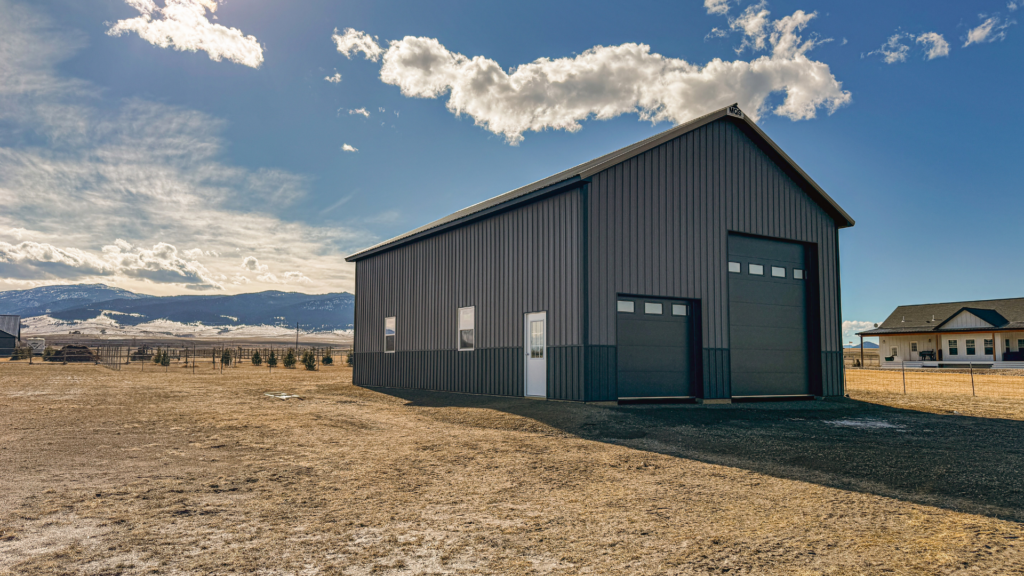 A 30x48x16 Hobby_Workshop_ Home Garage, Featuring Charcoal Metal Siding, Black Metal Trim, and Taupe Metal Roofing, available for custom build by MQS, with permit assistance in MT