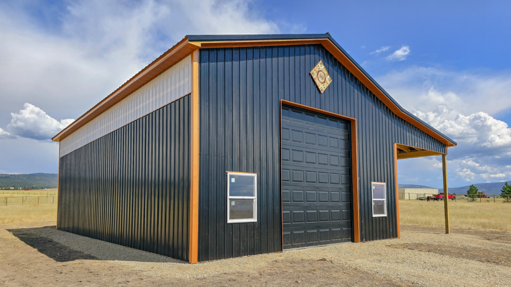 A 30x48x16 Vehicle_RV Multi-purpose storage pole barn, with Dark Grey metal Siding, Copper Penny Metal Trim, and black metal roofing, available for custom order with all needed engineering by MQS in MT