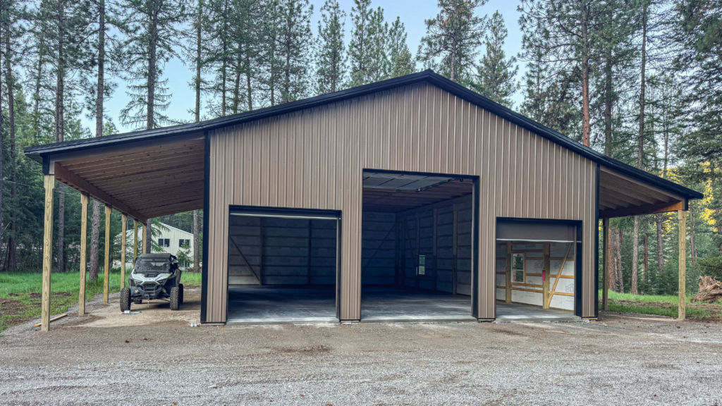 A 40x60x16 3-Door Hobby Shop, Workshop, Home Garage, where insualtion and electrical can be added later with Desert Brown Metal siding, and Black metal roofing and trim, available for custom build by MQS in MT