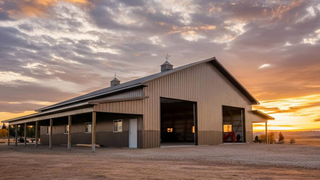 A 50x70x14 Hobby_Workshop_Home Garage, featuring Buckskin Metal Siding, and Burnished Slate Metal Roofing, available for custom built by MQS and ready for any weather in MT