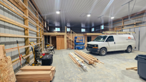 Inside A 40x64x16 Bardominium shell Garage Interior, Built By MQS, Featuring Gray Metal Siding, And Black Metal Roofing, in Stevensville, Montana