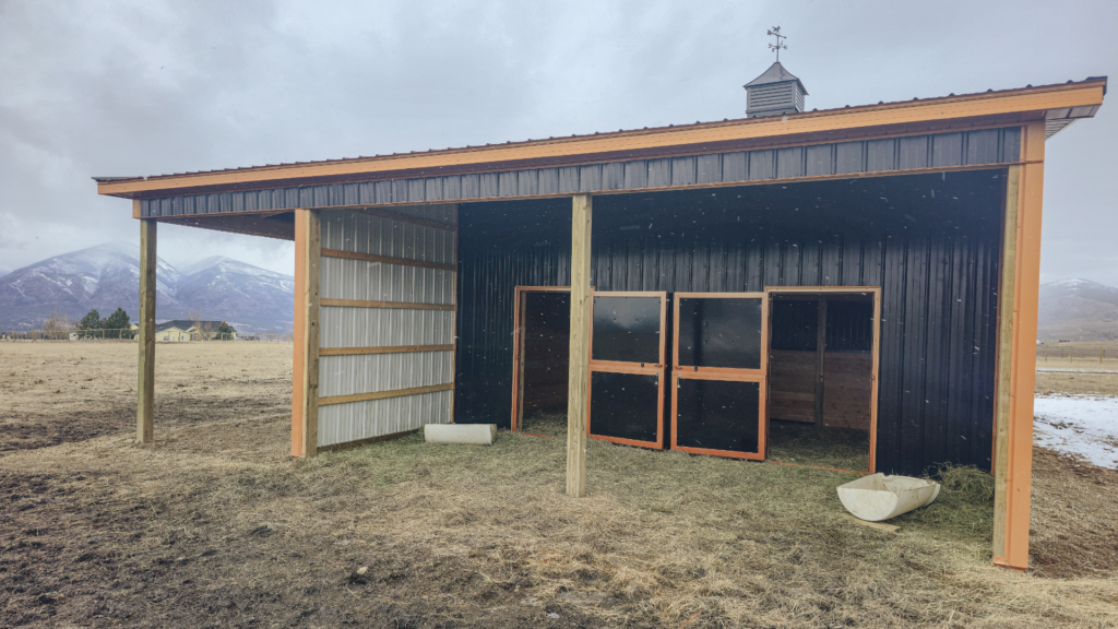 a 36x24x12 2 Stall Horse Barn With Hay Storage, featuring Black metal siding, and Copper Penny Metal Trim, available for custom build by MQS, with permit assistance in MT