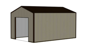 A 3D Render of a 24x36x16 Commercial Feed Truck Storage pole barn, built by MQS, featuring taupe metal siding, and dark brown metal roofing, in Norris, MT